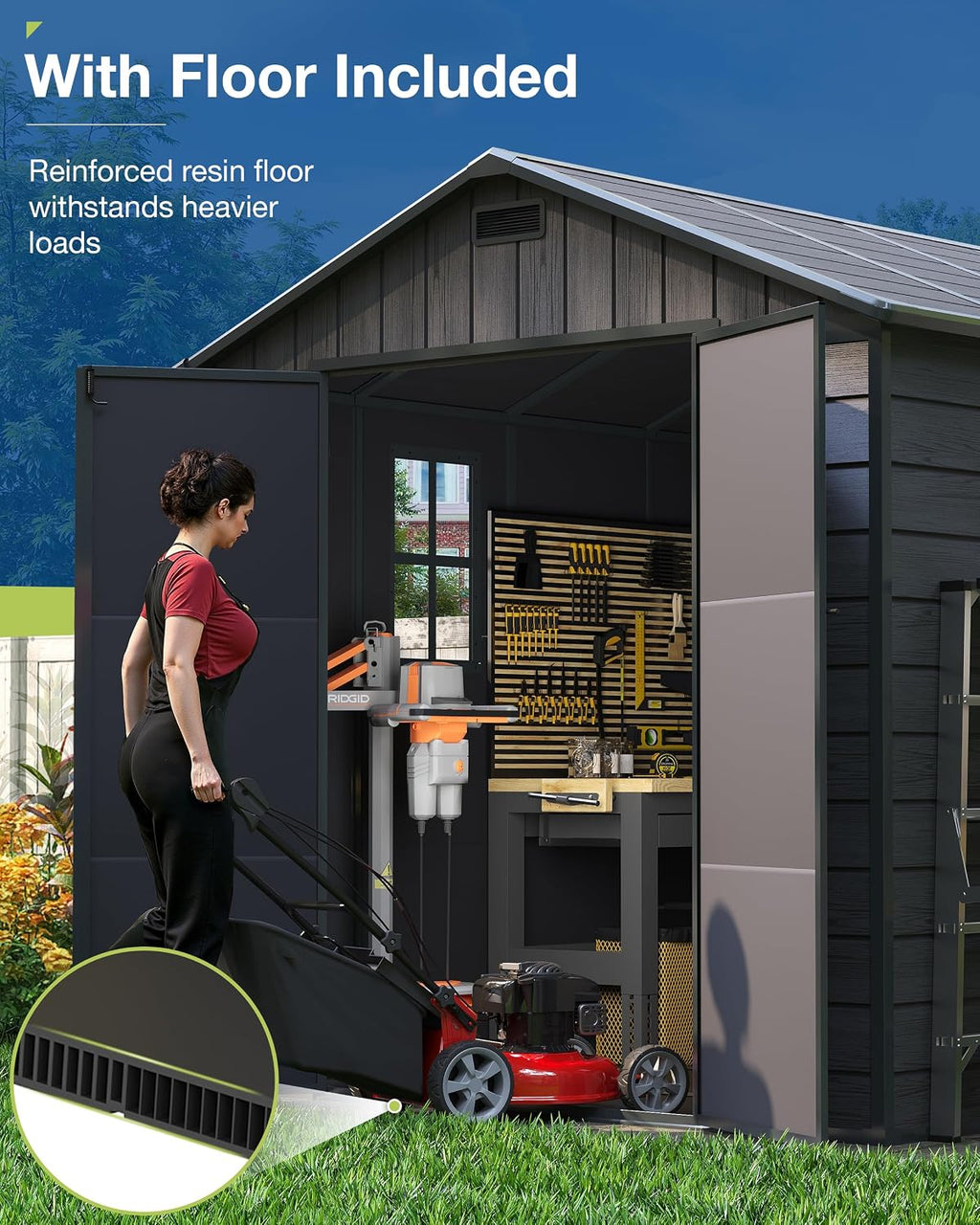 Amopatio Storage Shed 6x8, Resin Outdoor Shed with Floor Included, Plastic Sheds Outdoor Storage for Garden Tools, Bike, Sheds & Outdoor Storage with Lockable Door, Window & Vents, Charcoal Gray