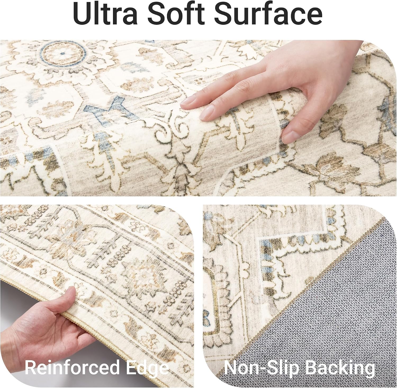 Area Rugs for Living Room - 9x12, Boho Non-Slip Low Pile Carpet Machine Washable Rugs for Bedroom Office, Dining Room (Beige)