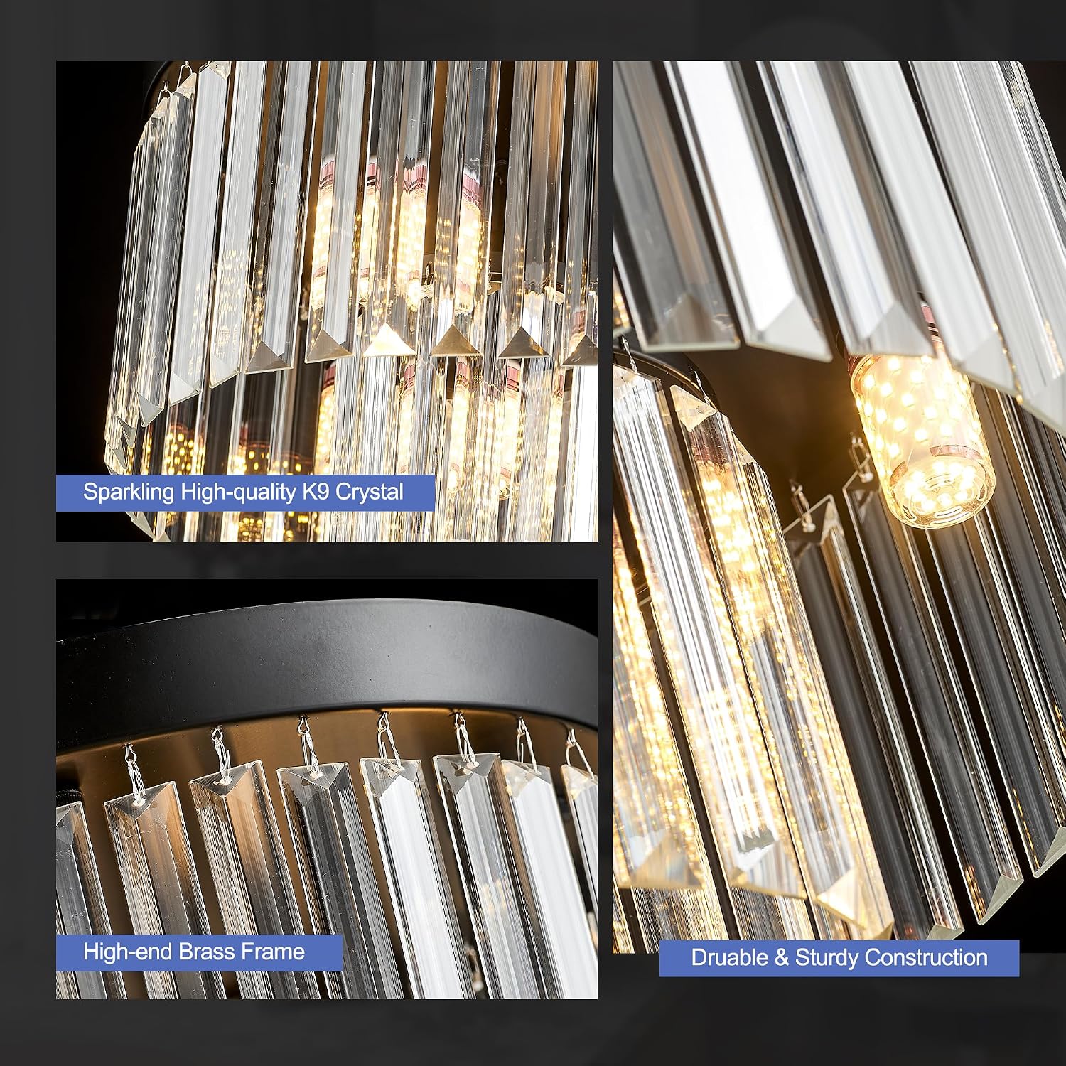 21.65' Black Crystal Ceiling Light 10-Light Modern Crystal Ceiling Light Fixture 3-Tier Luxury K9 Crystal Ceiling Light,for Dining Room Kitchen Island Living Room Bedroom