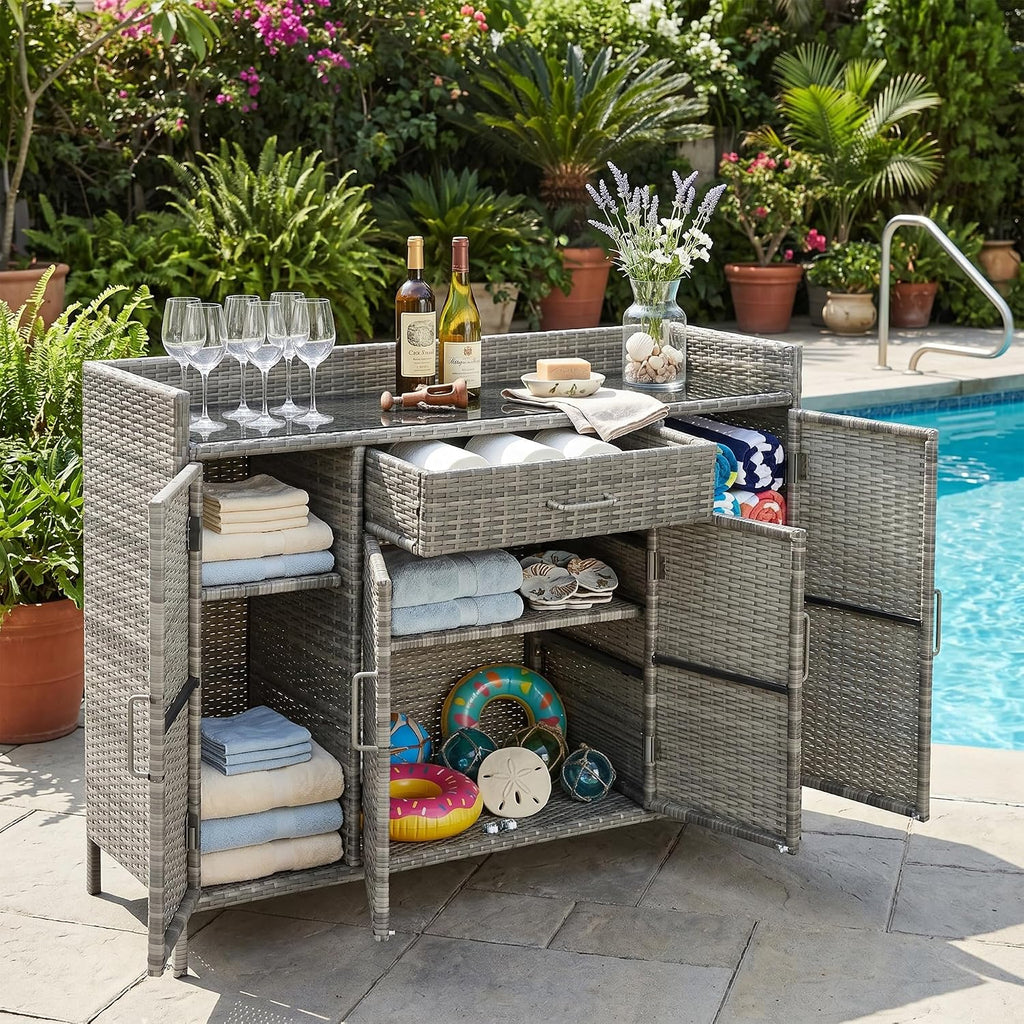53.2' W Outdoor Weather-Proof Rattan Storage Cabinet with Tempered Glass Top, Outdoor Wicker Bar Table with One Large Drawer & Adjustable Shelves for Patio, Garden, Pool, Grey