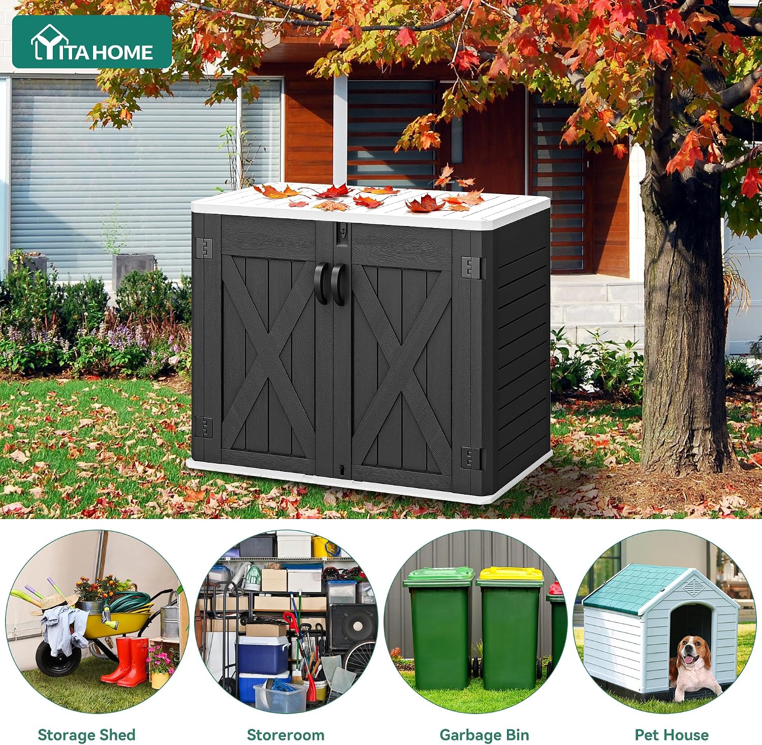 YITAHOME Outdoor Horizontal Storage Shed with X-Shaped Lockable Door, 35 Cu Ft All-Weather Resin Tool Shed w/o Shelf, Ideal for Bike, Trash Cans, Garden Tools, Lawn Mowers, Dark Gray