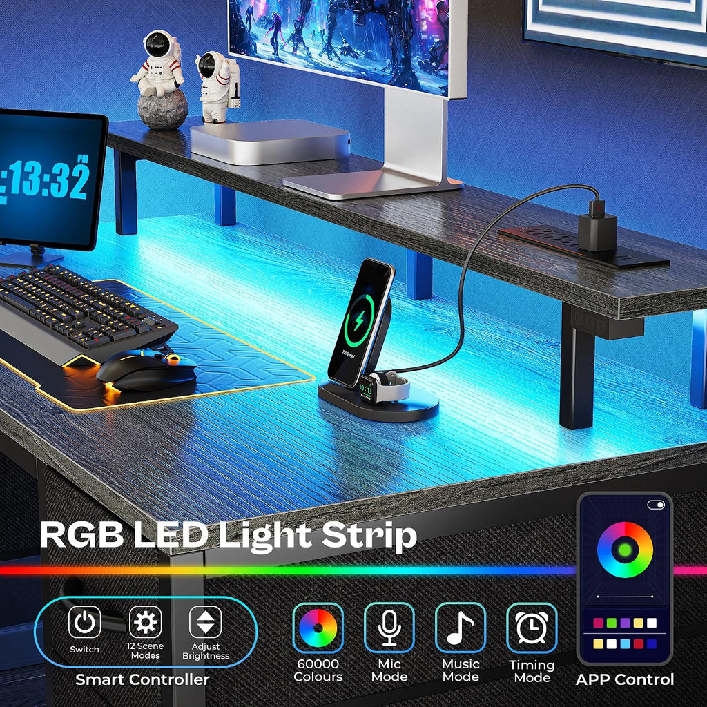Huuger 47 inch Computer Desk with 4 Drawers, Gaming Desk with LED Lights & Power Outlets, Home Office Desk with Large Storage Space for Bedroom, Work from Home, Grey