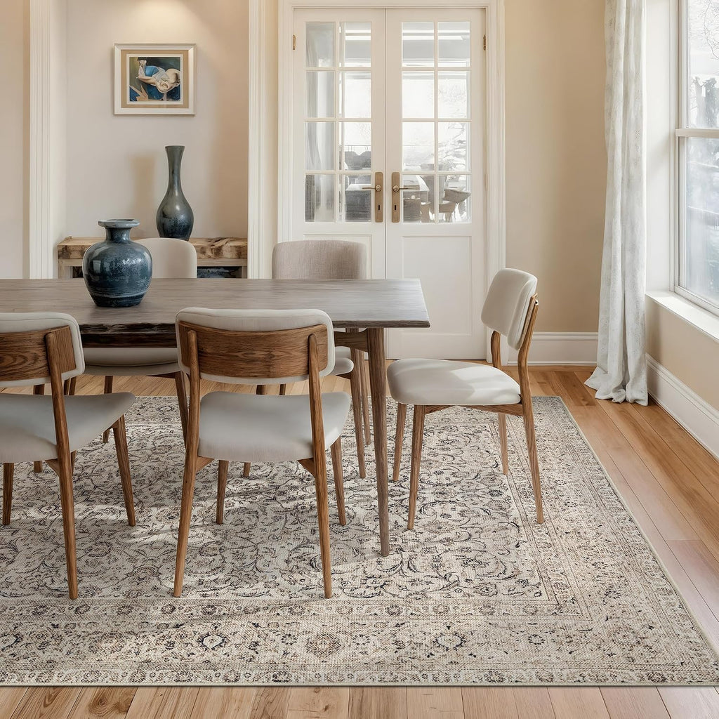 Bloom Rugs Washable Non-Slip 6' x 9' Rug - Beige/Off White Traditional Bordered Area Rug for Living Room, Bedroom, Dining Room, and Kitchen - Exact Size: 6' x 9'