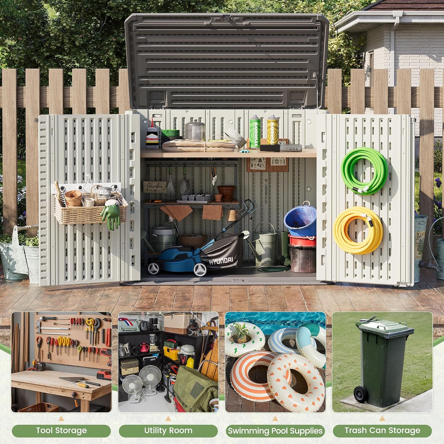 Amopatio 37 Cu Ft Premium Vertical Storage Shed, Outdoor Resin Shed with Floor, Waterproof Weather Resistance Plastic Cabinet, Lockable Doors for Patio, Garden Tools, Lawn, Grey&White