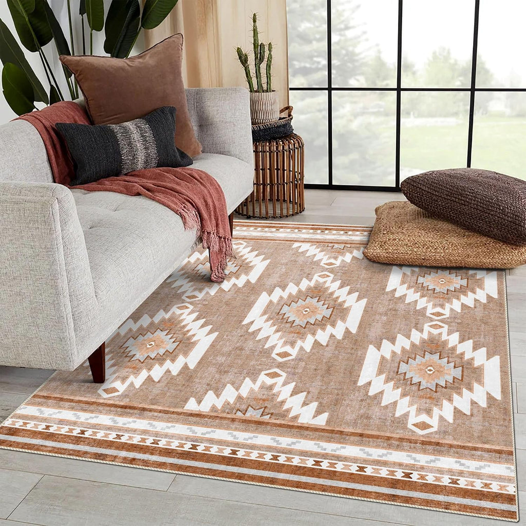 8x10 Area Rugs for Living Room, Non-Slip Backing Washable Rug 8x10, Western Large Area Rug Soft Carpet for Bedroom Dining Room, Easy Clean, Durable, Low Pile Rug Under Table, Camel