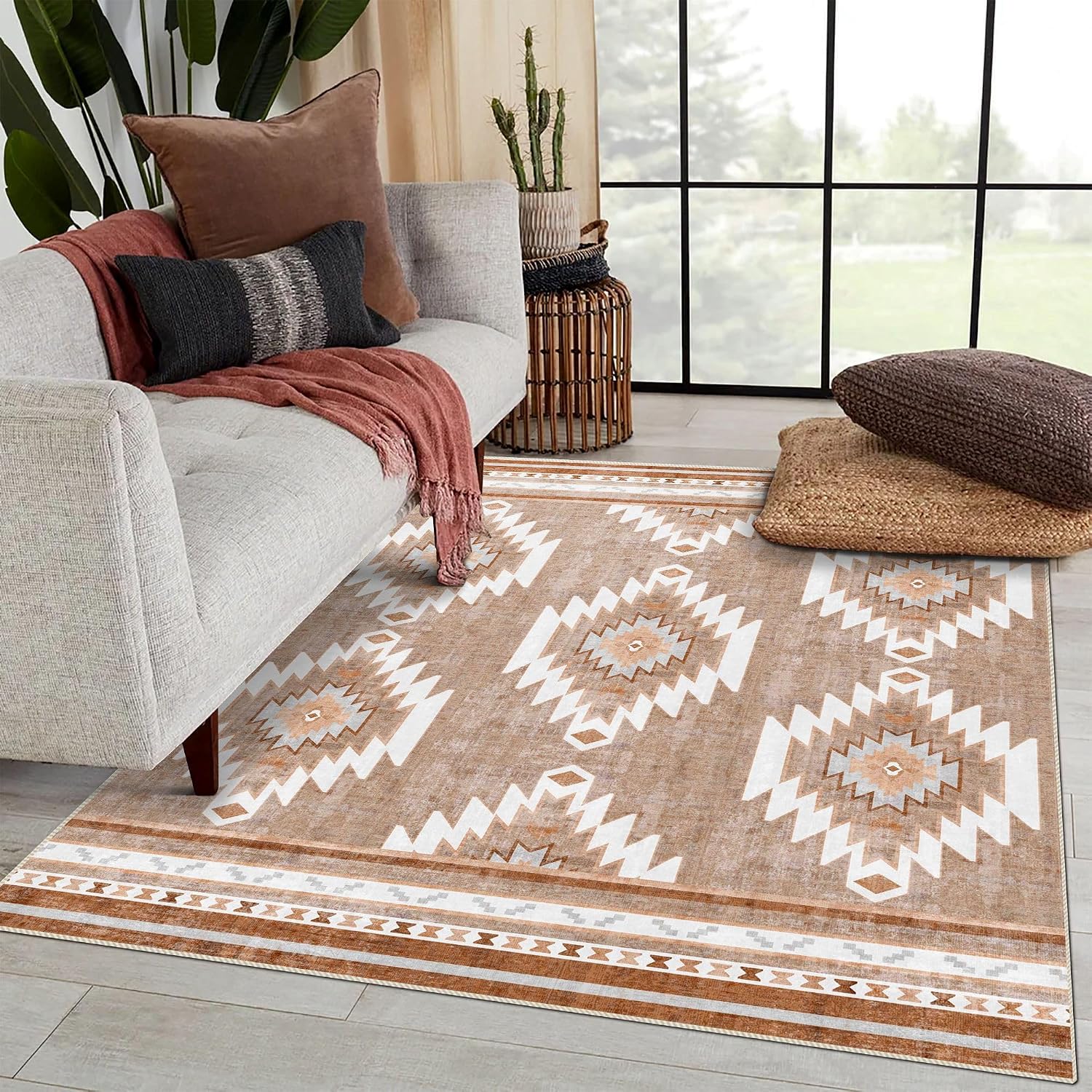 8x10 Area Rugs for Living Room, Non-Slip Backing Washable Rug 8x10, Western Large Area Rug Soft Carpet for Bedroom Dining Room, Easy Clean, Durable, Low Pile Rug Under Table, Camel