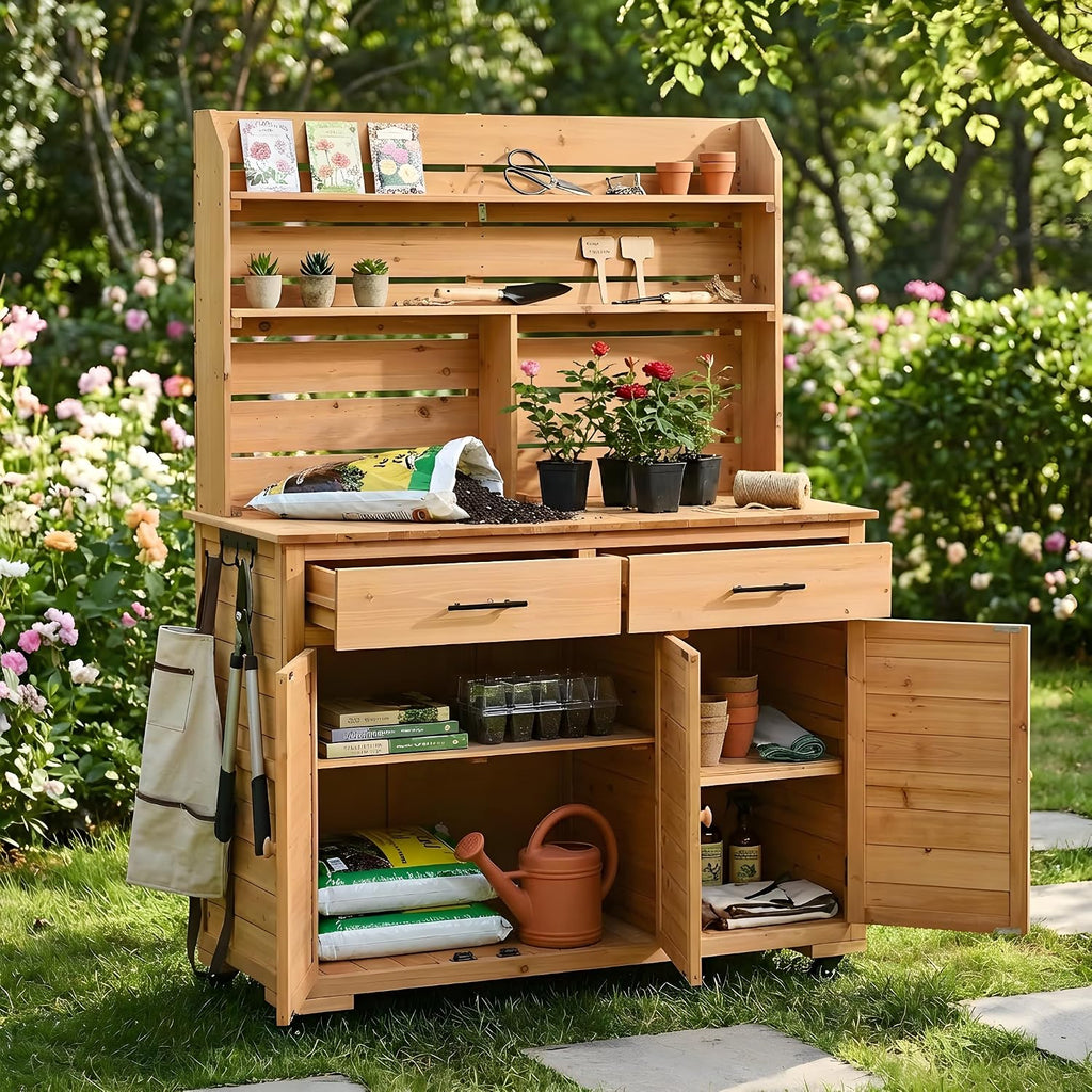 Multifunctional 3-in-1 Potting Bench Workstation with Storage & Wheels | Sturdy Fir Wood | Outdoor Garden, Patio, BBQ Prep Station (Natural Wood-W)