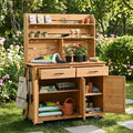 Multifunctional 3-in-1 Potting Bench Workstation with Storage & Wheels | Sturdy Fir Wood | Outdoor Garden, Patio, BBQ Prep Station (Natural Wood-W)