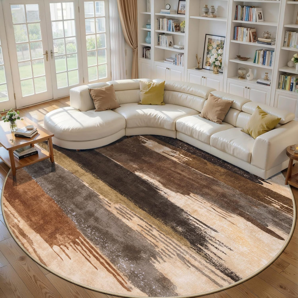 Ciicool 8ft Round Washable Rug, Modern Abstract Circle Rugs, Non-Slip Thin Lightweight Rug Brown Black Circular Print Distressed Carpet for Bedroom Living Room Under Dining Table Home Office Decor