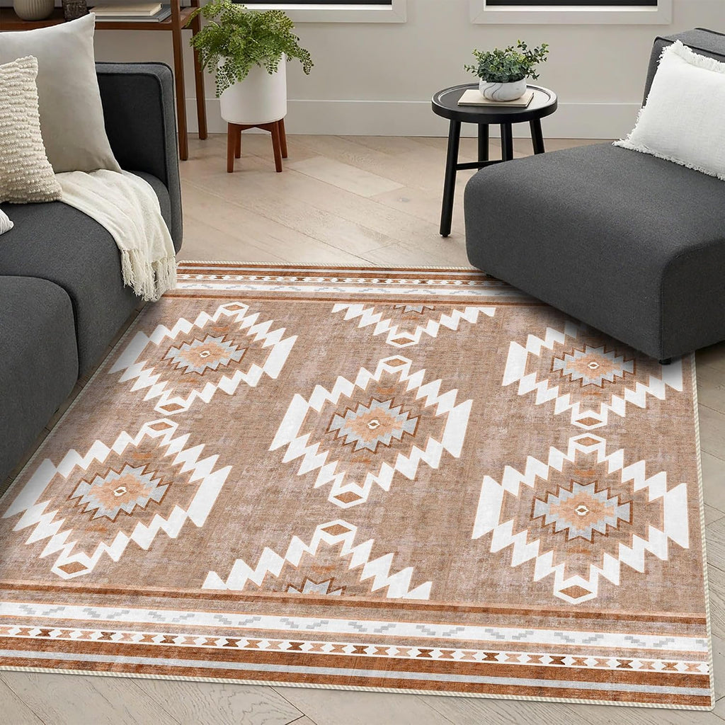 8x10 Area Rugs for Living Room, Non-Slip Backing Washable Rug 8x10, Western Large Area Rug Soft Carpet for Bedroom Dining Room, Easy Clean, Durable, Low Pile Rug Under Table, Camel
