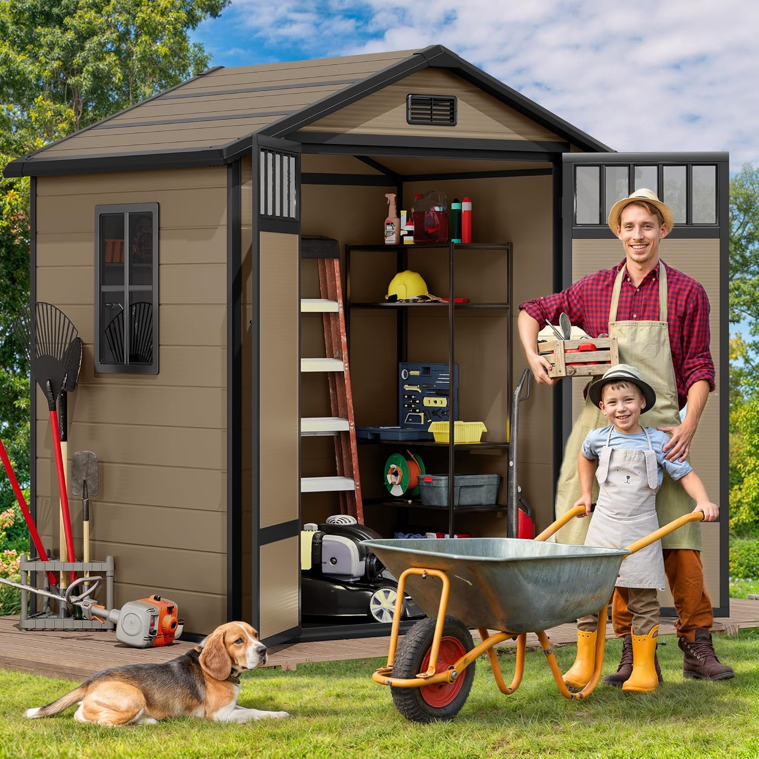 DWVO Outdoor Storage Shed, All-Weather Resin Plastic Storage Shed with Windows, Slanted Roof, Raised Floor, Capacity for Garden Tools & Equipment, Ideal for Backyard & Garden