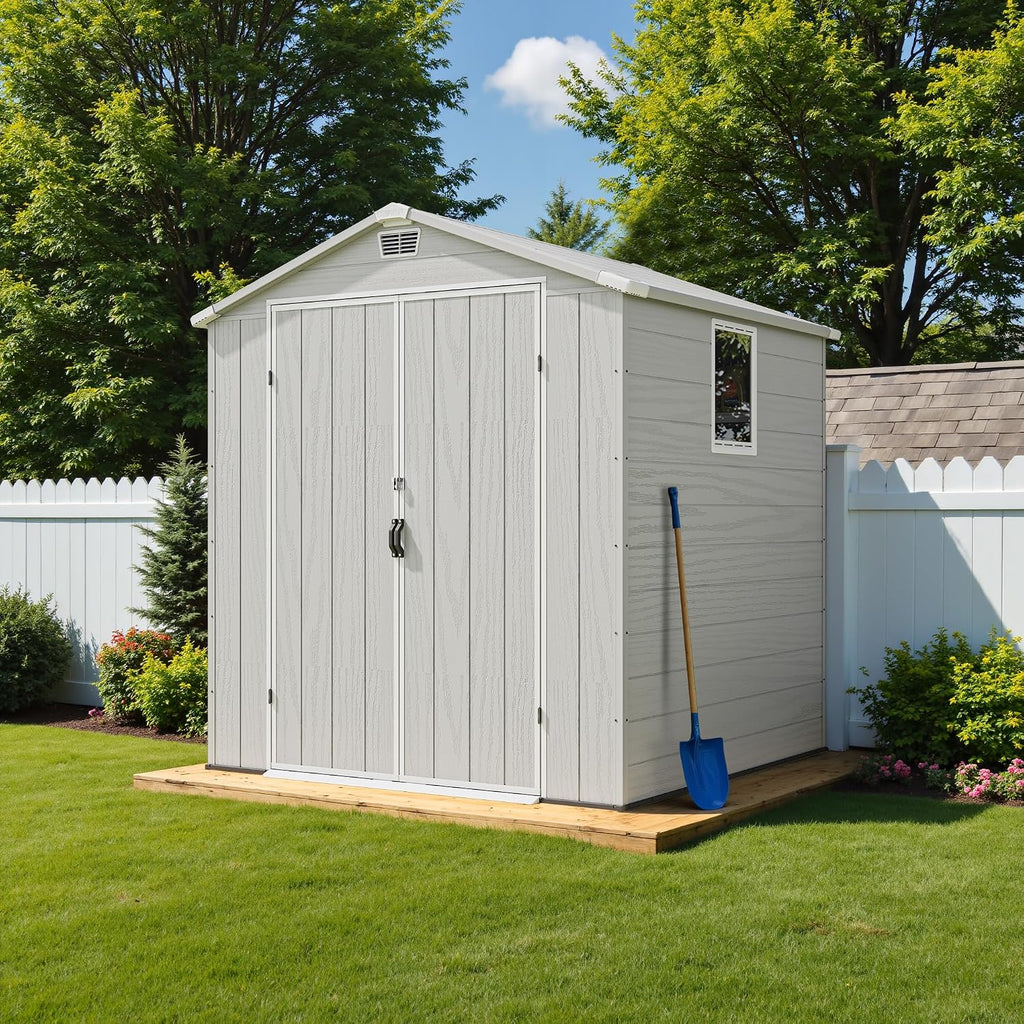 Greesum 6x6FT Plastic Outdoor Storage Shed with Floor, Resin Sheds with Lockable Double Door, Tool Sheds with Window and Vents, for Garden, Backyard, Patio, Light Gray