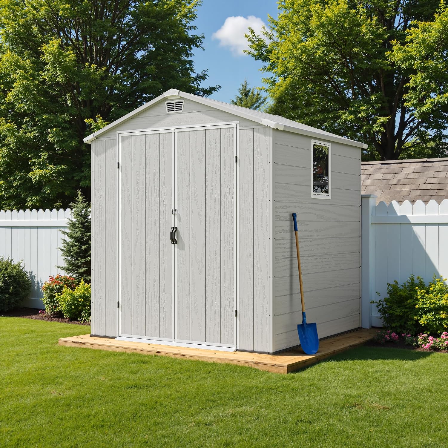 Greesum 6x6FT Plastic Outdoor Storage Shed with Floor, Resin Sheds with Lockable Double Door, Tool Sheds with Window and Vents, for Garden, Backyard, Patio, Light Gray
