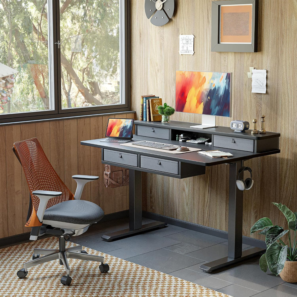 TIQLAB Height Adjustable Desk with Four Drawers, 48 * 28 Inch Standing Desk with Storage Shelf, Splice Board, Black