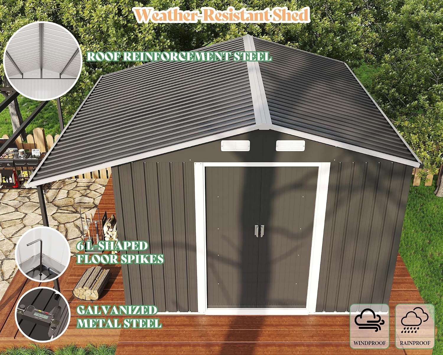 AMERLIFE 10.6x10.3x6.3 FT Galvanized Metal Storage Shed with Open Firewood Storage, Sliding Doors & Ramp, 2 Ventilated Windows, Weather-Resistant Outdoor Tool & Garden Shed, Dark Gray