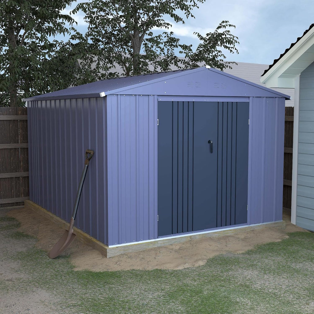 MUPATER 8ft x10 ft Outdoor Storage Shed, Patio Metal Storage Shed Kit with Lockable Doors & Vents, Garden Tools Storage House Galvanized Steel for Backyard, Lawn, Grey