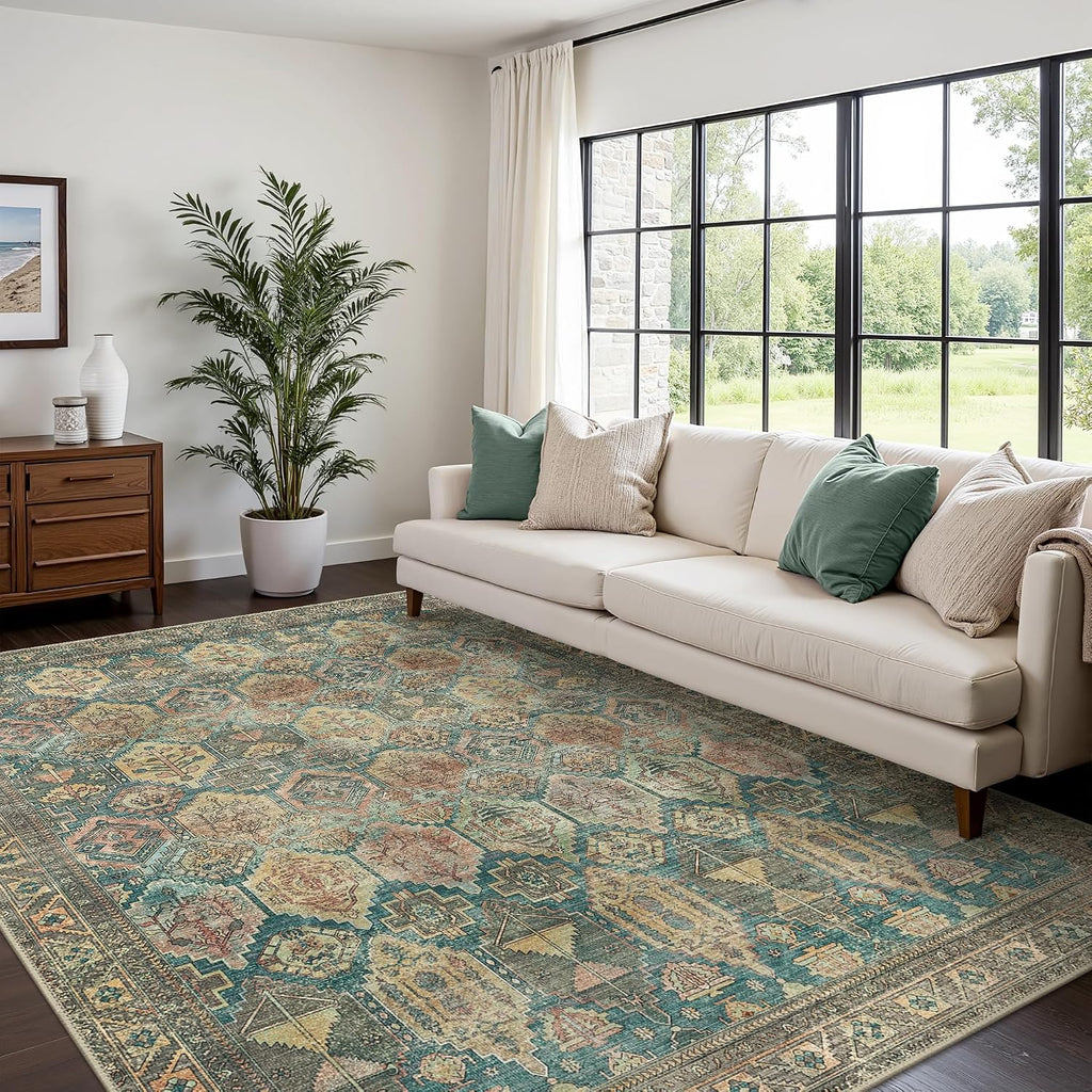 Bavni Washable Rug 8x10 Area Rug for Living Room Bedroom Dining, Washable Vintage Print Carpet, Ultra-Thin Low Pile Lightweight Rug with Non Slip Backing, Multi Green