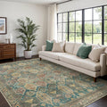 Bavni Washable Rug 8x10 Area Rug for Living Room Bedroom Dining, Washable Vintage Print Carpet, Ultra-Thin Low Pile Lightweight Rug with Non Slip Backing, Multi Green