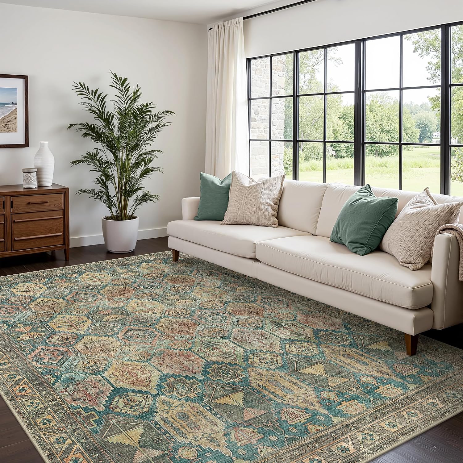 Bavni Washable Rug 8x10 Area Rug for Living Room Bedroom Dining, Washable Vintage Print Carpet, Ultra-Thin Low Pile Lightweight Rug with Non Slip Backing, Multi Green