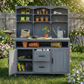 45.3''L Large Fir Wood Potting Bench, Counter Height Outdoor Patio Kitchen Island with Large Countertop, Hutch, Cabinets, Drawers & Hooks, Adjustable Shelf, Wavy Decoration Roof (Gray/103)