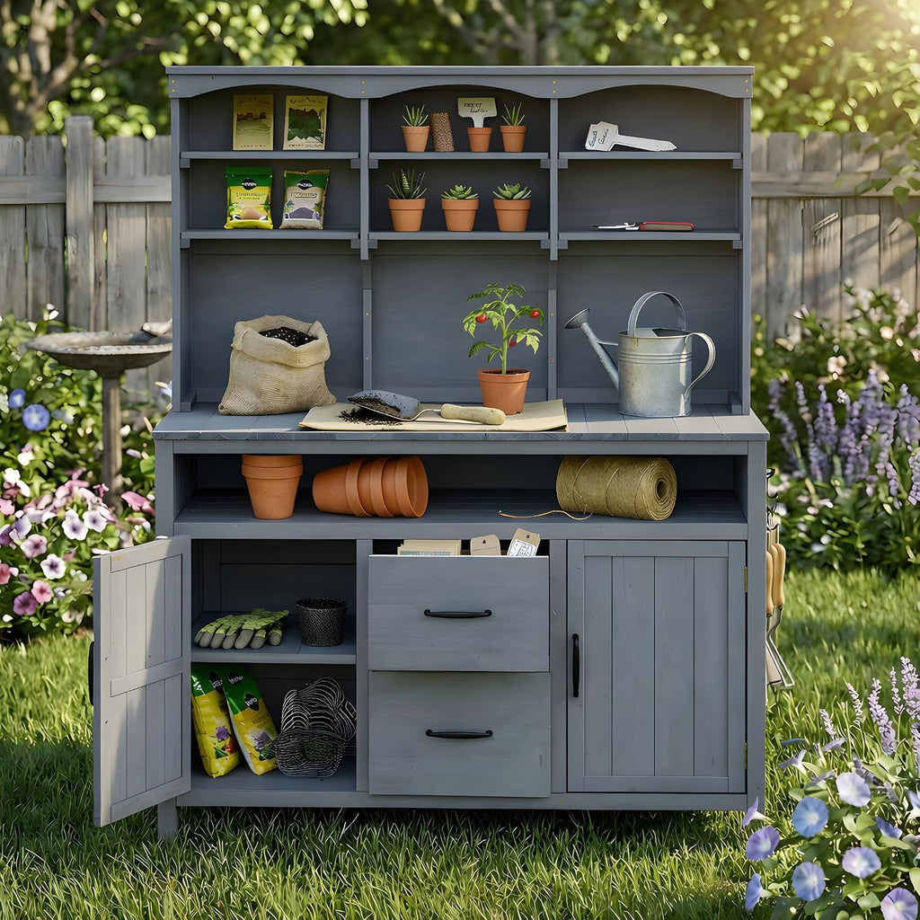 Large Fir Wood Potting Bench, 45.3''L Multi-Functional Outdoor Patio Kitchen Island with Hutch,Drawers & Hooks,Large Countertop for Gardening, Grill (Gray-1)