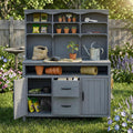 Large Fir Wood Potting Bench, 45.3''L Multi-Functional Outdoor Patio Kitchen Island with Hutch,Drawers & Hooks,Large Countertop for Gardening, Grill (Gray-1)