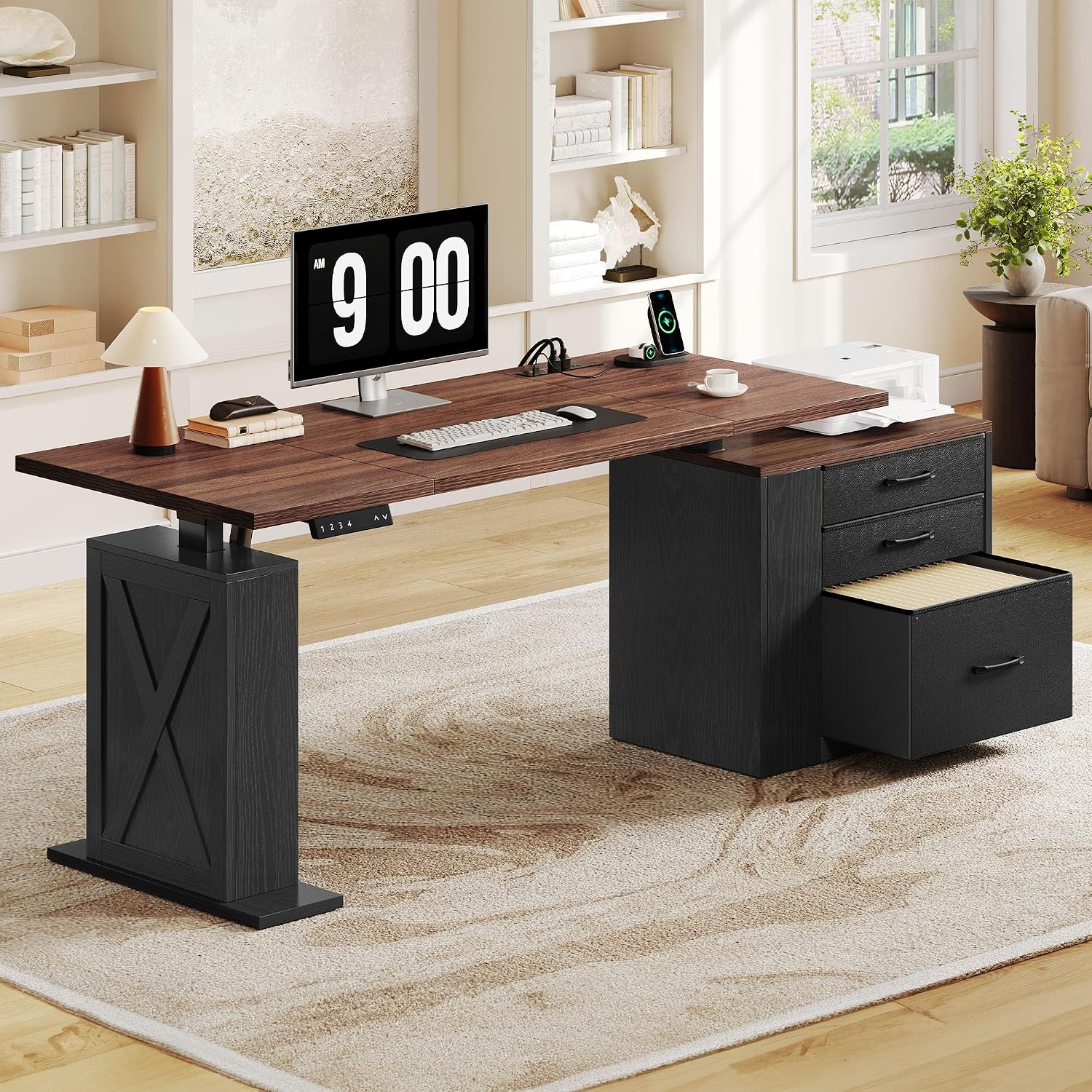 75.5 Inches Electric Standing Desk with Drawers Farmhouse Sit Stand Desk with Storage Adjustable Height Computer Desk with Power Outlets Printer Space for Home Office Black and Walnut