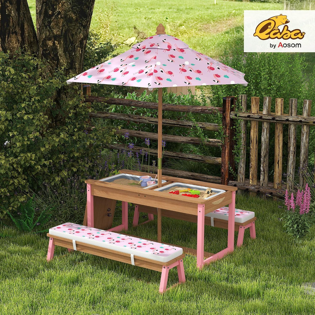 Qaba Kids Picnic Table, Wooden Table and Bench Set with Foldable Umbrella, Removable Cushions & Boxes, Flamingo Theme Children Activity Table Outdoor Furniture for Patio, Pink