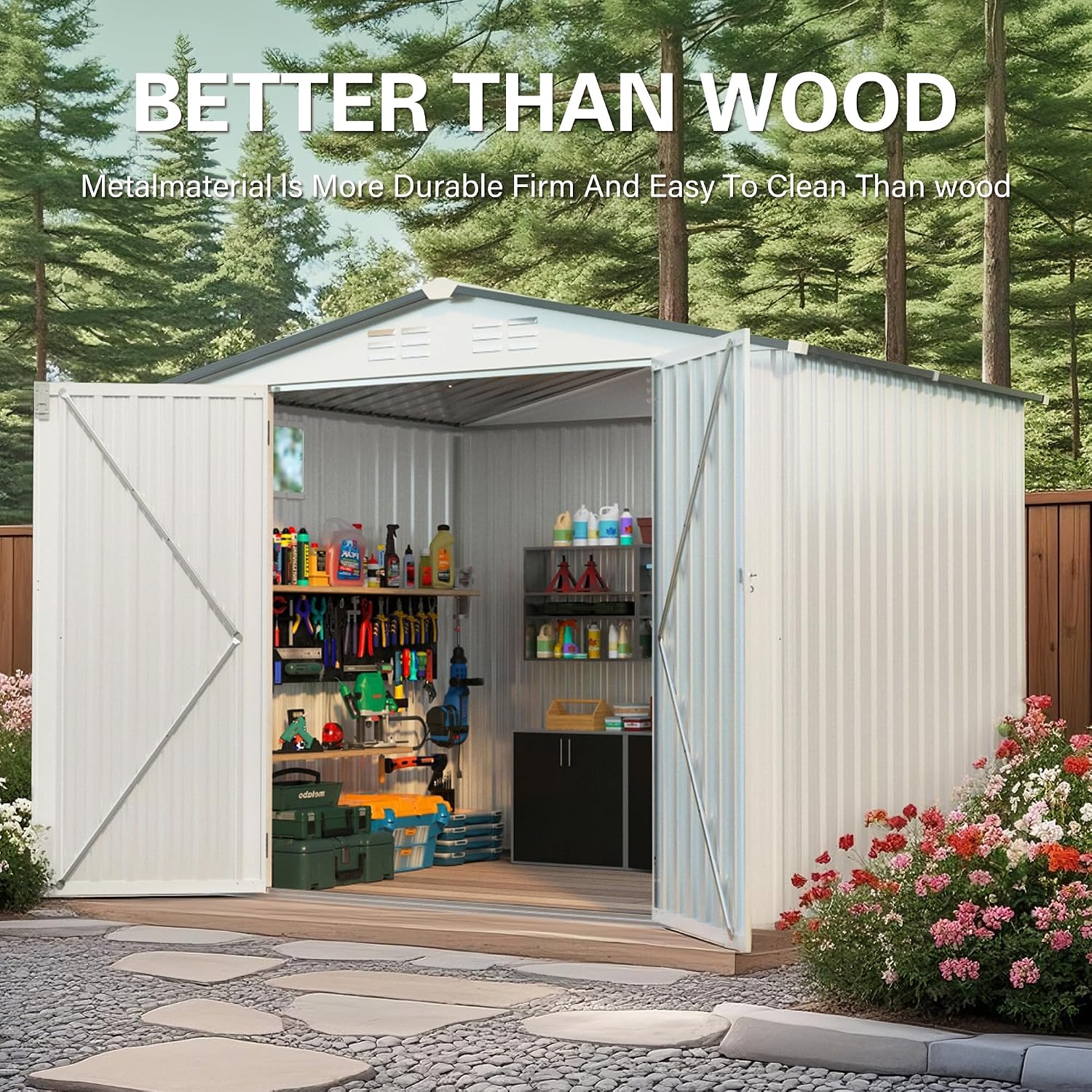 CHUNLY 8 x 6 ft Outdoor Storage Shed w/Side Window and Lockable Door, All Weather Tool Shed with Pitched Roof Waterproof, Storage Garden Shed Storage Room for Patio Backyard Lawn, White + Gray