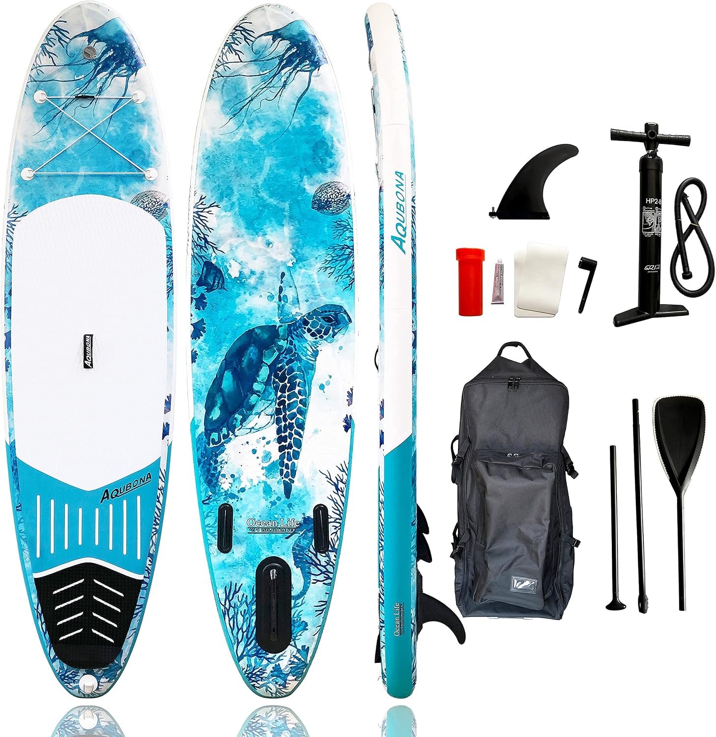 10'6'/11'Inflatable Stand Up Paddle Board Yoga Traveling Board for Surfing Everything Included with Adj Floating Paddle, Hand Pump, ISUP Travel Backpack, Leash, Fin.