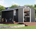 AMERLIFE 10.6x10.3x6.3 FT Galvanized Metal Storage Shed with Open Firewood Storage, Sliding Doors & Ramp, 2 Ventilated Windows, Weather-Resistant Outdoor Tool & Garden Shed, Dark Gray