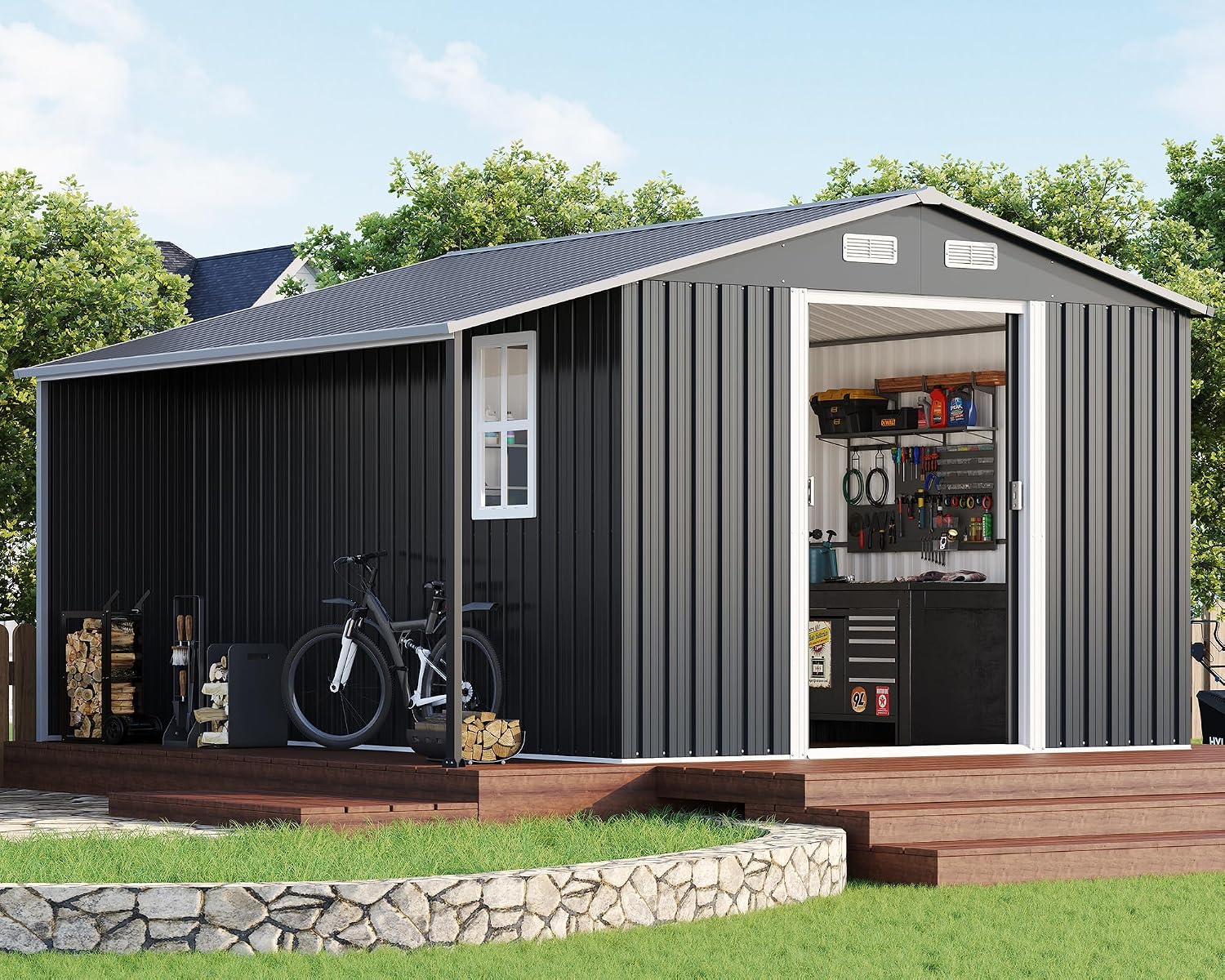 AMERLIFE 10.6x10.3x6.3 FT Galvanized Metal Storage Shed with Open Firewood Storage, Sliding Doors & Ramp, 2 Ventilated Windows, Weather-Resistant Outdoor Tool & Garden Shed, Dark Gray