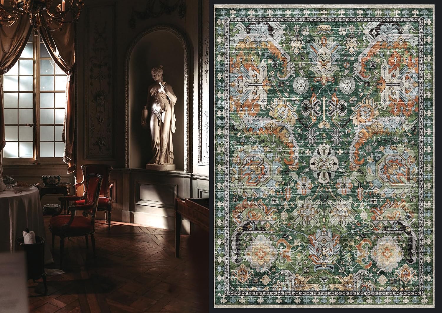RUGSURE Washable Area Rugs - Perfect for Living Room, Bedroom, Kids Room, Nursery - Stain & Water Resistant Non-Slip, Pet & Child Friendly, Vintage Tribal Area Rugs (Green, 9' x 12')