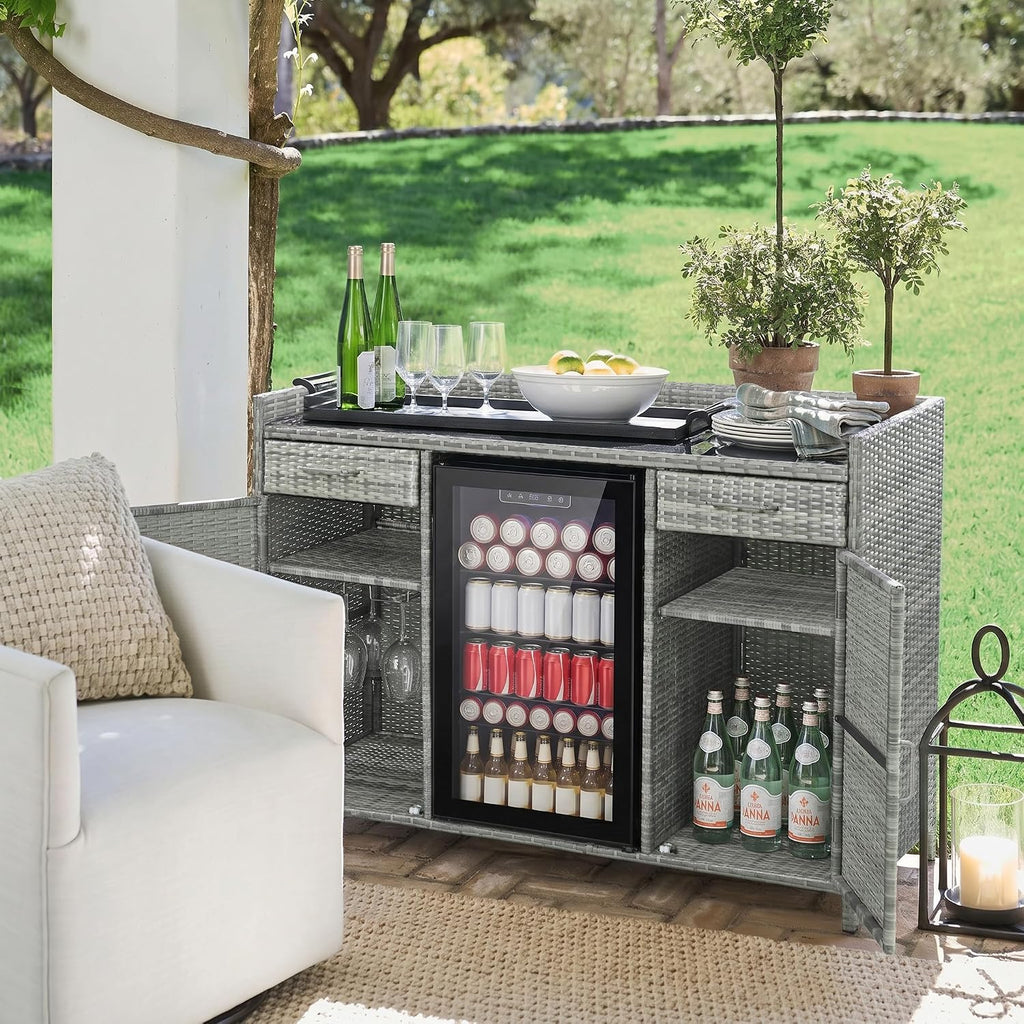 53.5' W Outdoor Wicker Storage Cabinet with Fridge Space, Weatherproof Patio Mini Fridge Bar Cabinet with Adjustable Shelves & Drawers for Outdoor Pool, Towel Storage, Garden, Kitchen, Grey