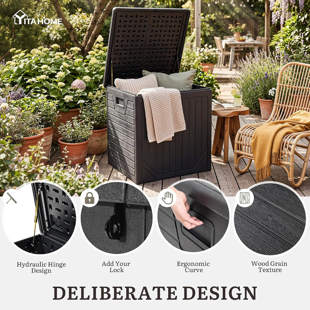 YITAHOME 150 Gallon Large Outdoor Storage Box w/Double Wall, Waterproof Deck Box with Hydraulic Piston for Garden Tools, Pool Accessories & Cushions, Resin Deck Organizer with Bench Seat(Black)