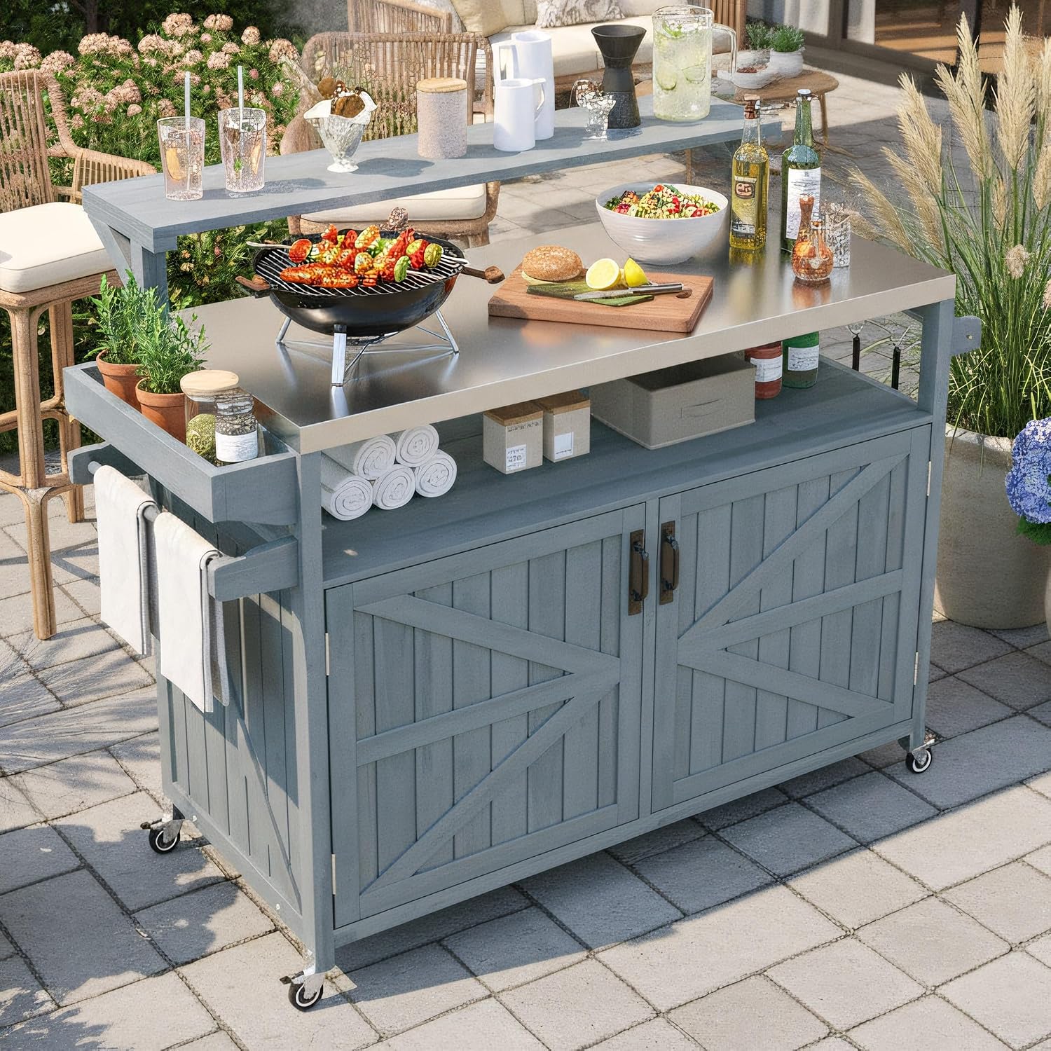 Merax 53.3' Outdoor Kitchen Island with Raised Shelf, Solid Wood Storage Cabinet with Stainless Steel Top, Rolling Grill Cart, Adjustable Shelf, Grey Blue