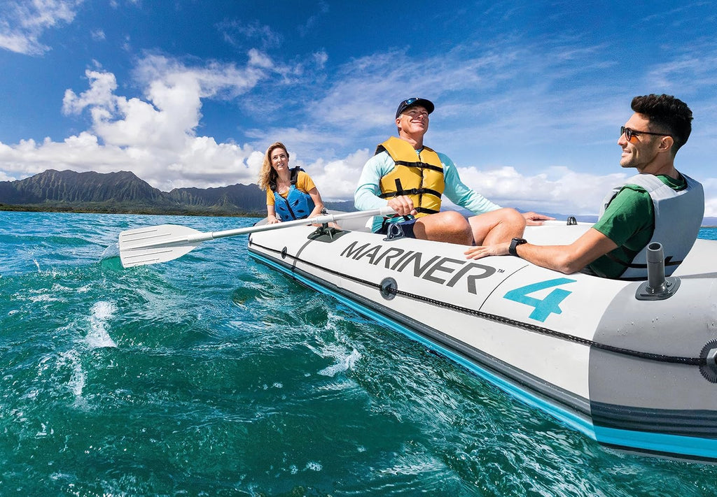 INTEX Mariner Inflatable Boat Series: Includes Deluxe Boat Oars and High-Output Pump – SuperTough PVC – Wear-Resistant Keel – Removable Fishing Rod Holders – Heavy Duty Grab Handle