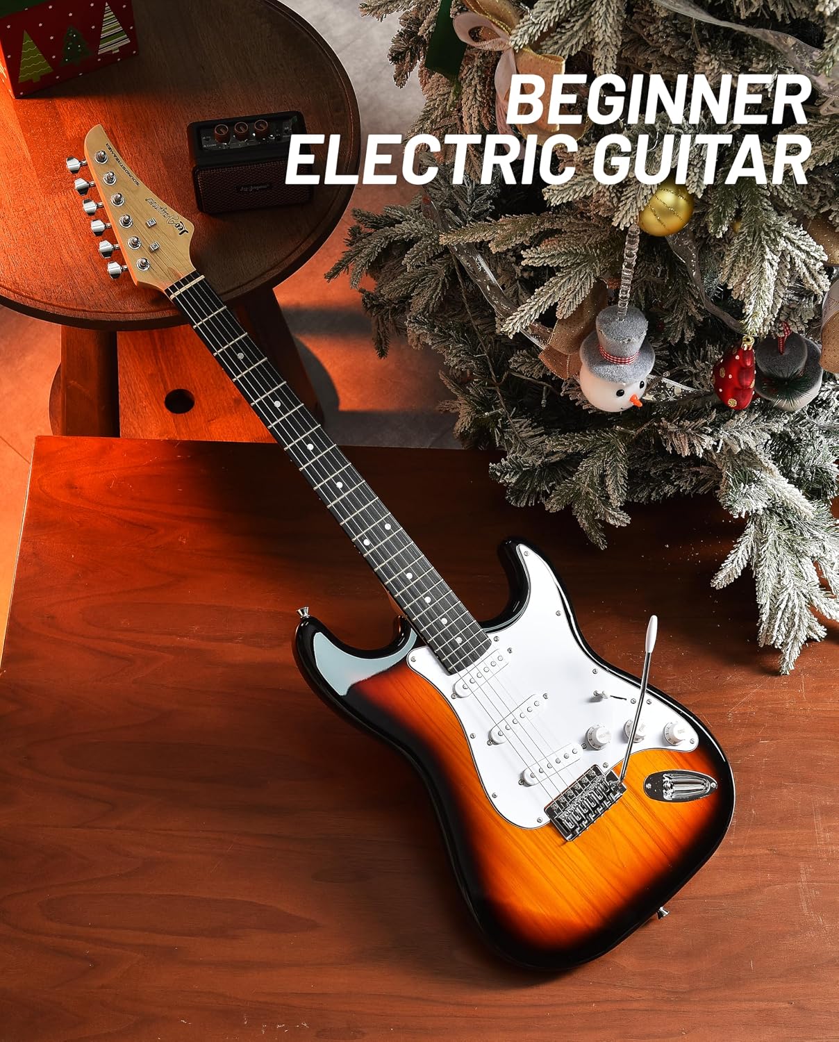 Leo Jaymz Beginner Electric Guitar Complete Kit with Portable Amp, Padded Gig Bag & Full Accessories, Maple Neck SSS Pickups (Sunburst)
