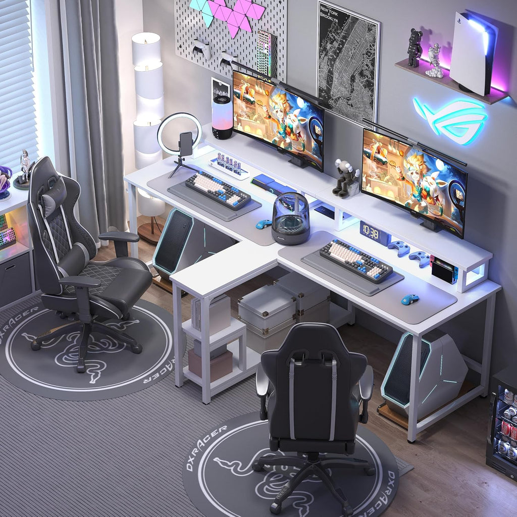 MUTUN 83.7' Two Person Gaming Desk, Long Computer Office Desk with Charging Station and LED Lights, Double Desks with Monitor Stand and Shelves, Study Writing Table Workstation for Home Office, White
