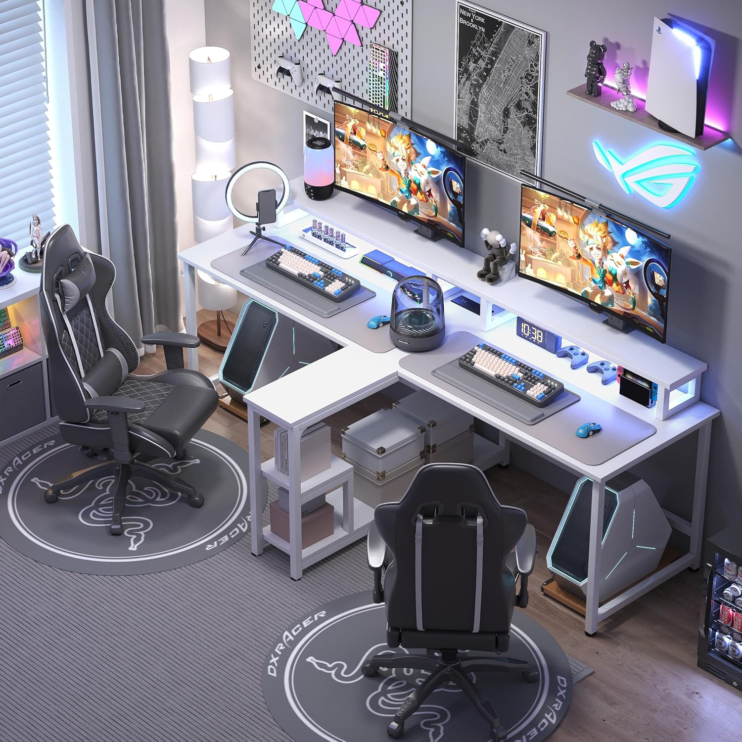 MUTUN 83.7' Two Person Gaming Desk, Long Computer Office Desk with Charging Station and LED Lights, Double Desks with Monitor Stand and Shelves, Study Writing Table Workstation for Home Office, White