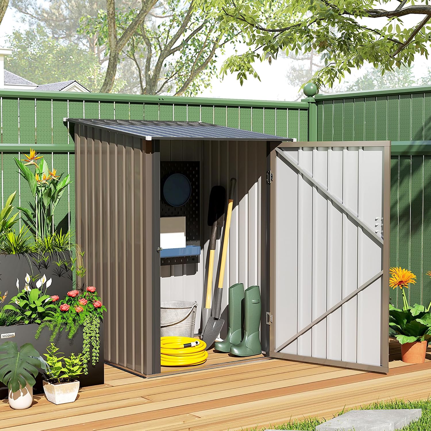 Outsunny 3.3' x 3.4' Outdoor Storage Shed, Metal Garden Tool House with Sloping Roof and Lockable Door for Backyard, Bike, Patio, Garage, Lawn, Brown
