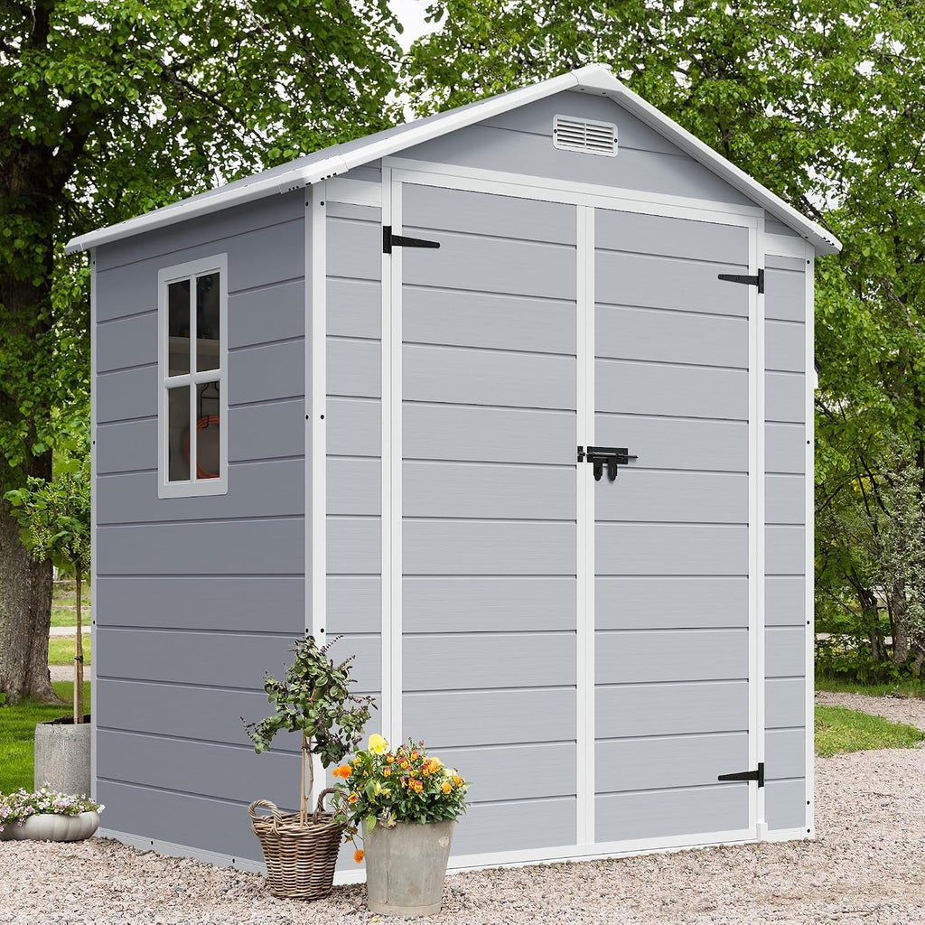 JUMMICO Plastic Outdoor Storage Shed, 6 x 4 FT Resin Shed with Floor and Lockable Door, Outside Waterproof Garden Tool Sheds for Patio Backyard Lawn, Gray