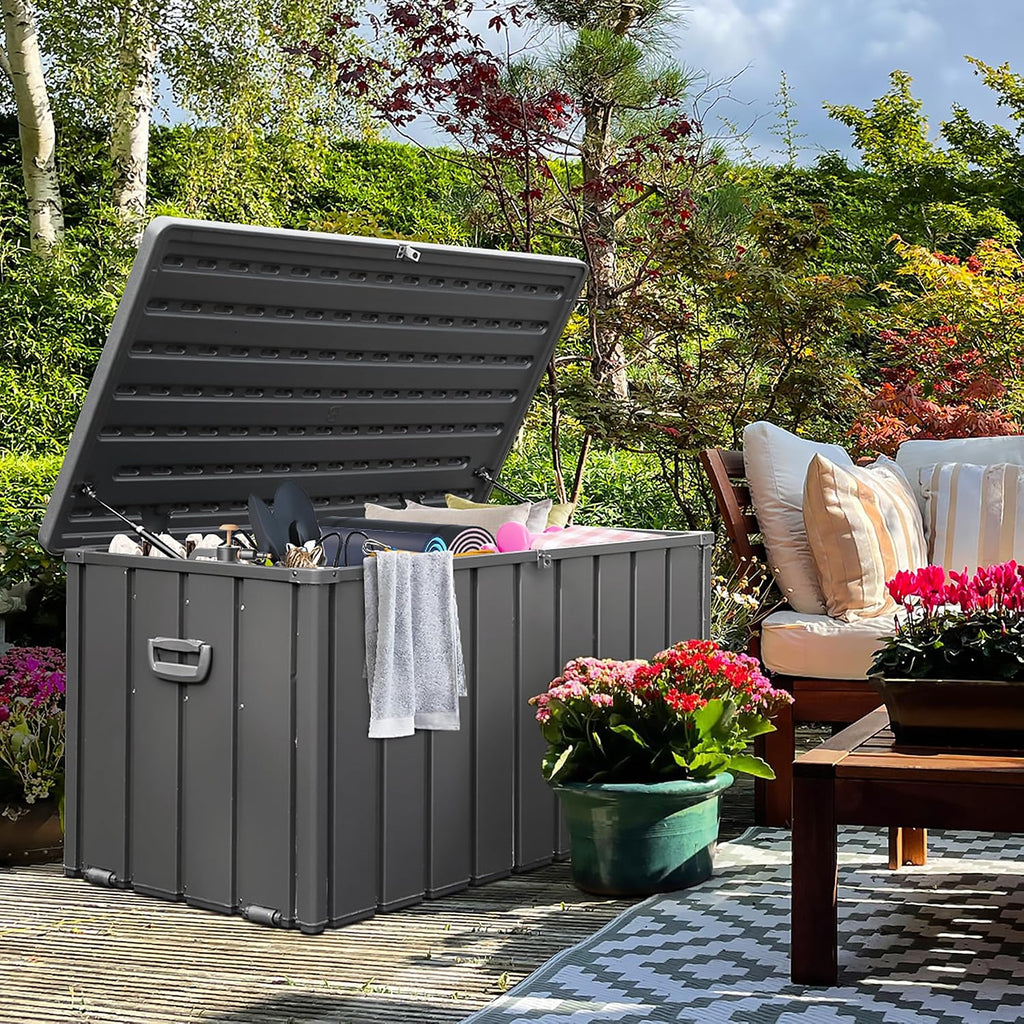 Domi Deck Box Outdoor Storage Box 100 Gallon, Large Metal Storage Cabinet with Resin Lid, Waterproof Lockable Patio Storage Box for Cushions Garden Tools Pool-Supplies, Dark Grey