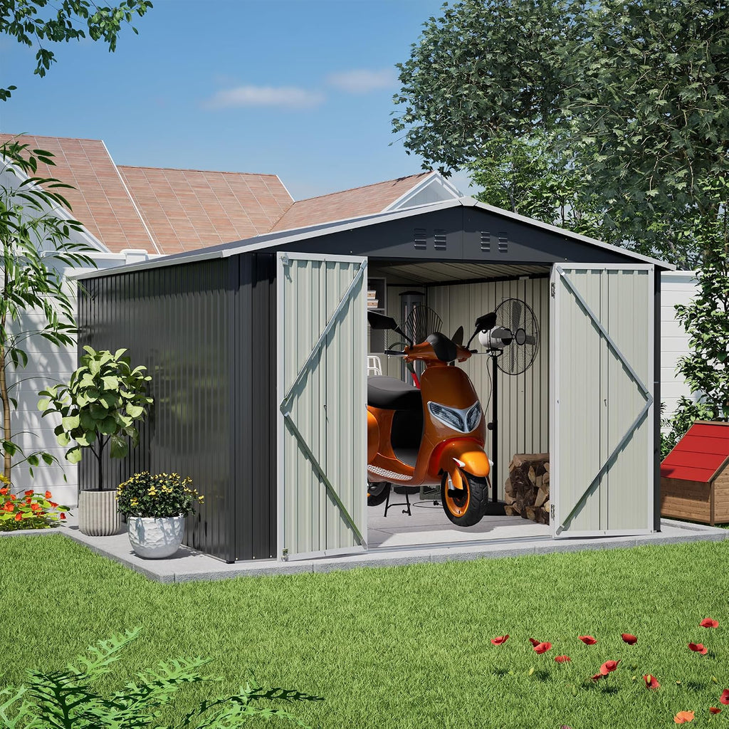 YOPTO 10 x 10 FT Outdoor Storage Shed,Heavy Duty Tool Sheds Metal Storage Garden Shed with Sloped Roof and Lockable Doors,Large Metal Storage Sheds for Backyard Patio Lawn, Black