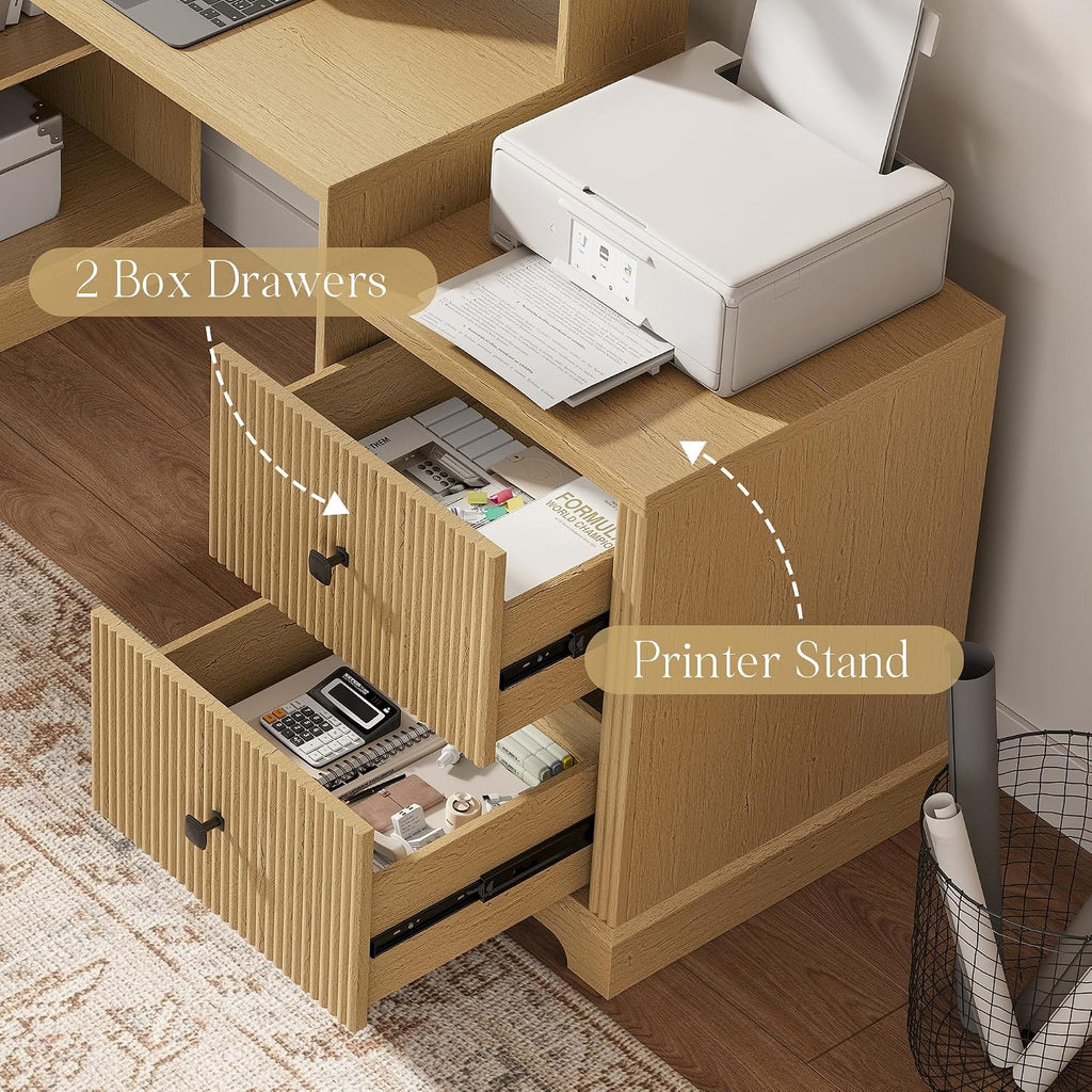 67' L Shaped Executive Desk with Drawers & Storage Shelf, Corner Computer Desk with Power Outlets, Home Office Desk with Monitor Stand, Printer Shelf, Computer Writing Desk for Work, Oak