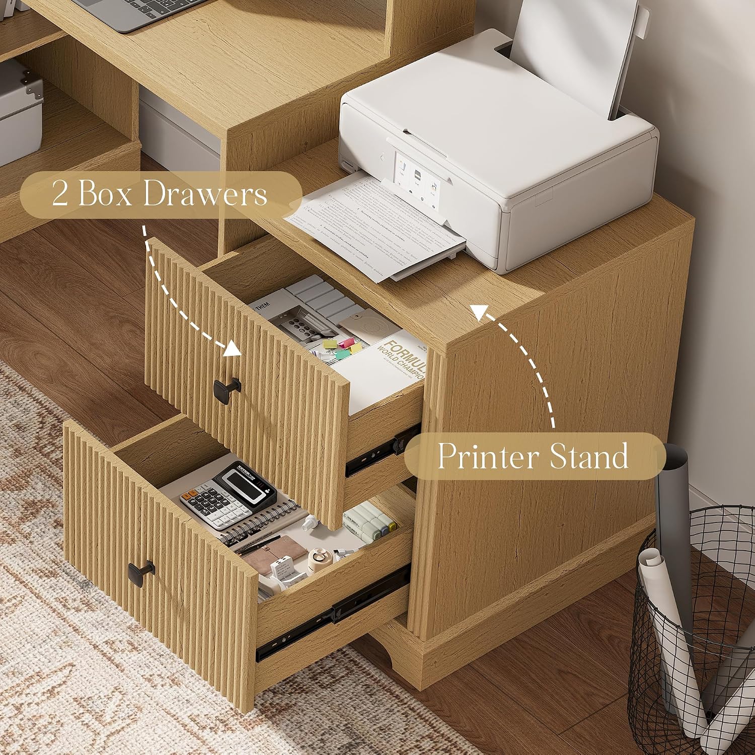 67' L Shaped Executive Desk with Drawers & Storage Shelf, Corner Computer Desk with Power Outlets, Home Office Desk with Monitor Stand, Printer Shelf, Computer Writing Desk for Work, Oak