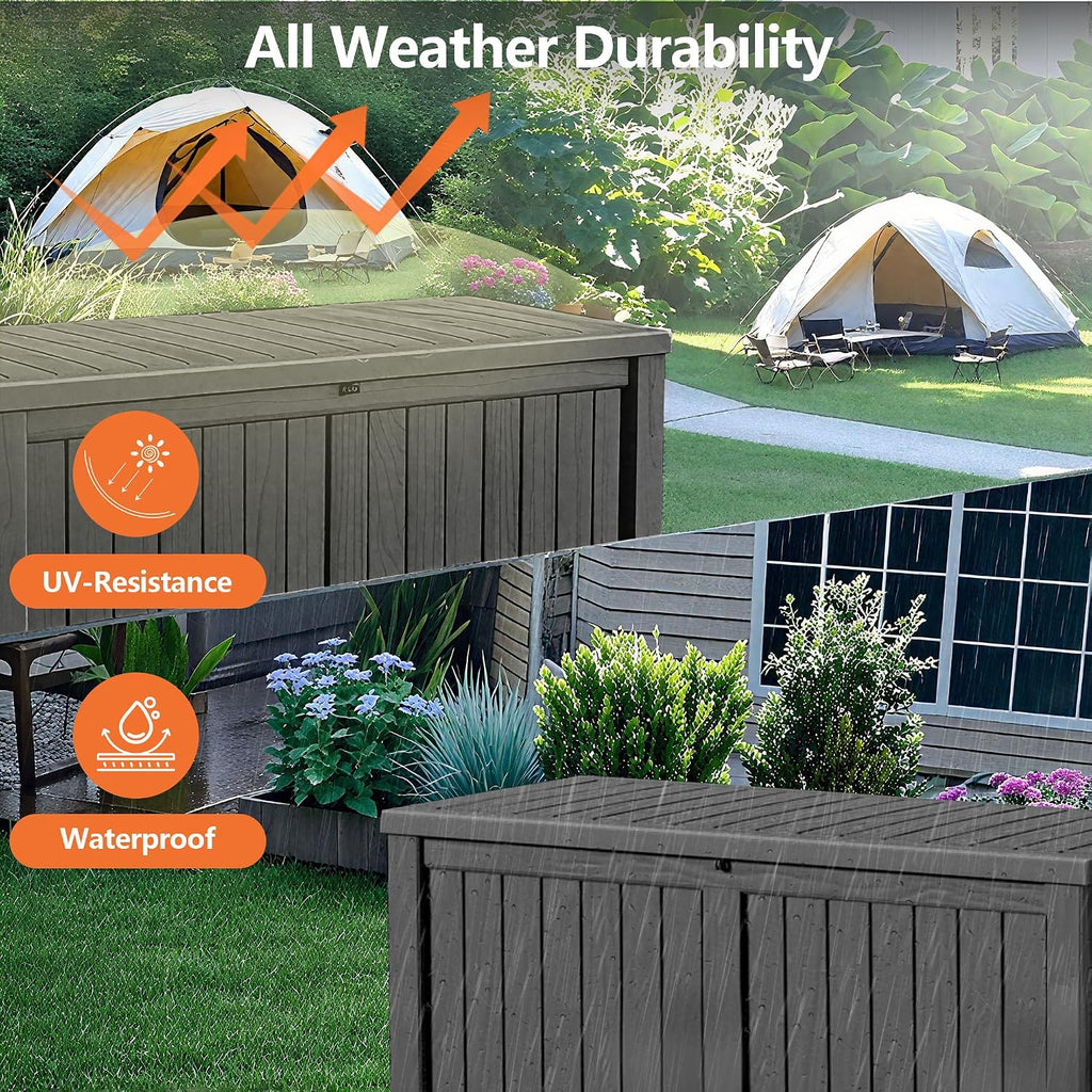 120 Gallon Outdoor Storage Box - Waterproof Resin Deck Box with Stainless Steel Rods - Lockable & Fade Resistant Storage Bin for Patio Cushions & Garden Tools, Black