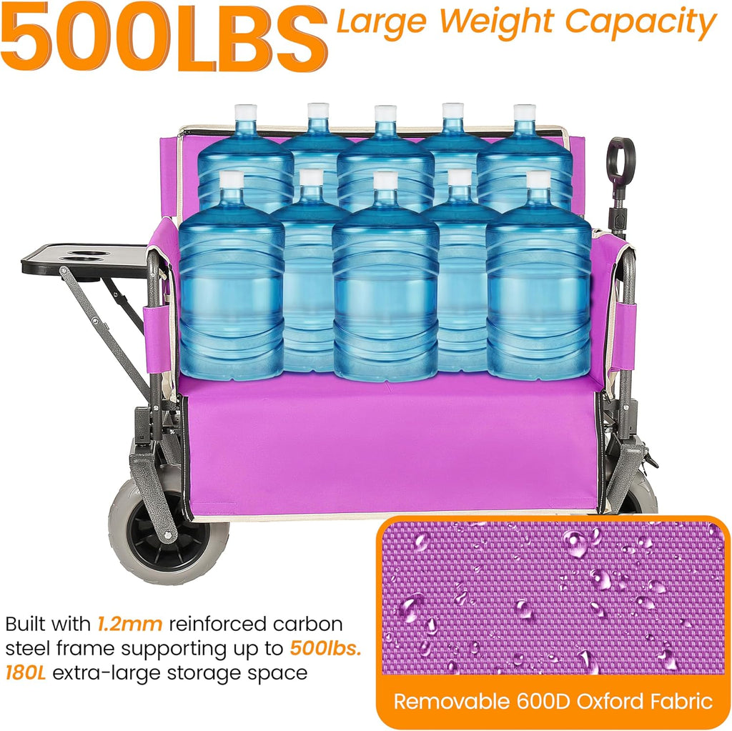 3-in-1 Folding Wagon with Bench Seat – 500lbs Capacity,Reinforced Carbon Steel Frame, 180L Cargo Space– Perfect for Camping, Beach, Outdoor Events & Heavy-Duty Hauling (Purple + Carport)