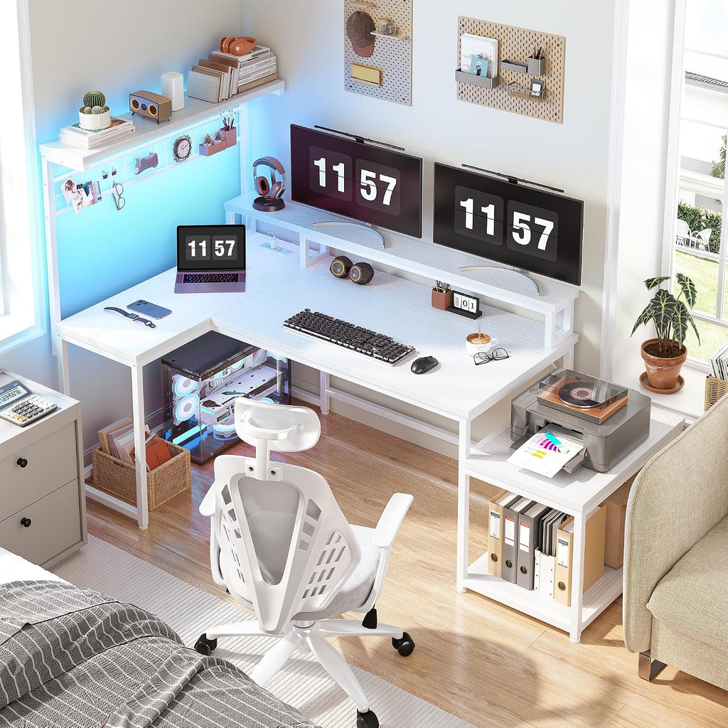 EEnHomee 56' Medium L Shaped Gaming Desk with LED & Power Outlets,Computer Desk with Monitor Stand & Print Stand for Home Office,Reversible Corner Gaming Table with Storage Shelf & Hooks,White