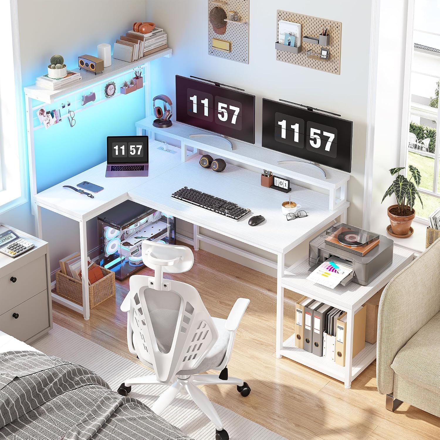 EEnHomee 56' Medium L Shaped Gaming Desk with LED & Power Outlets,Computer Desk with Monitor Stand & Print Stand for Home Office,Reversible Corner Gaming Table with Storage Shelf & Hooks,White
